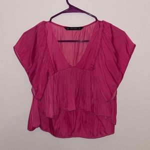 Pink Satin V-Neck Blouse